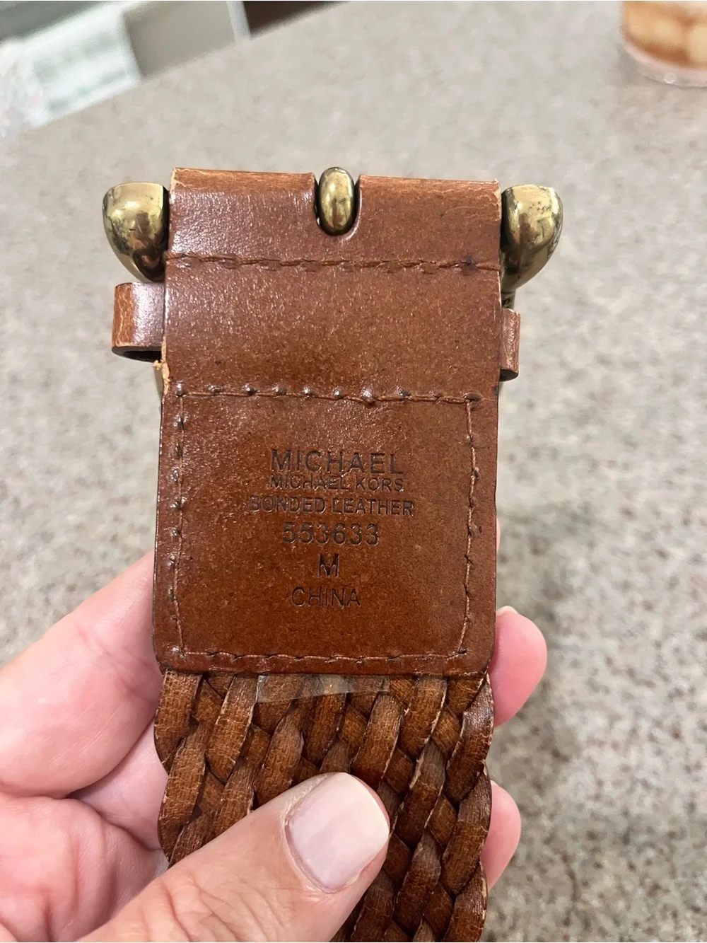 Michael Kors Wide Brown Bonded Leather Belt Brass Buckle Women’s Medium *Flaw